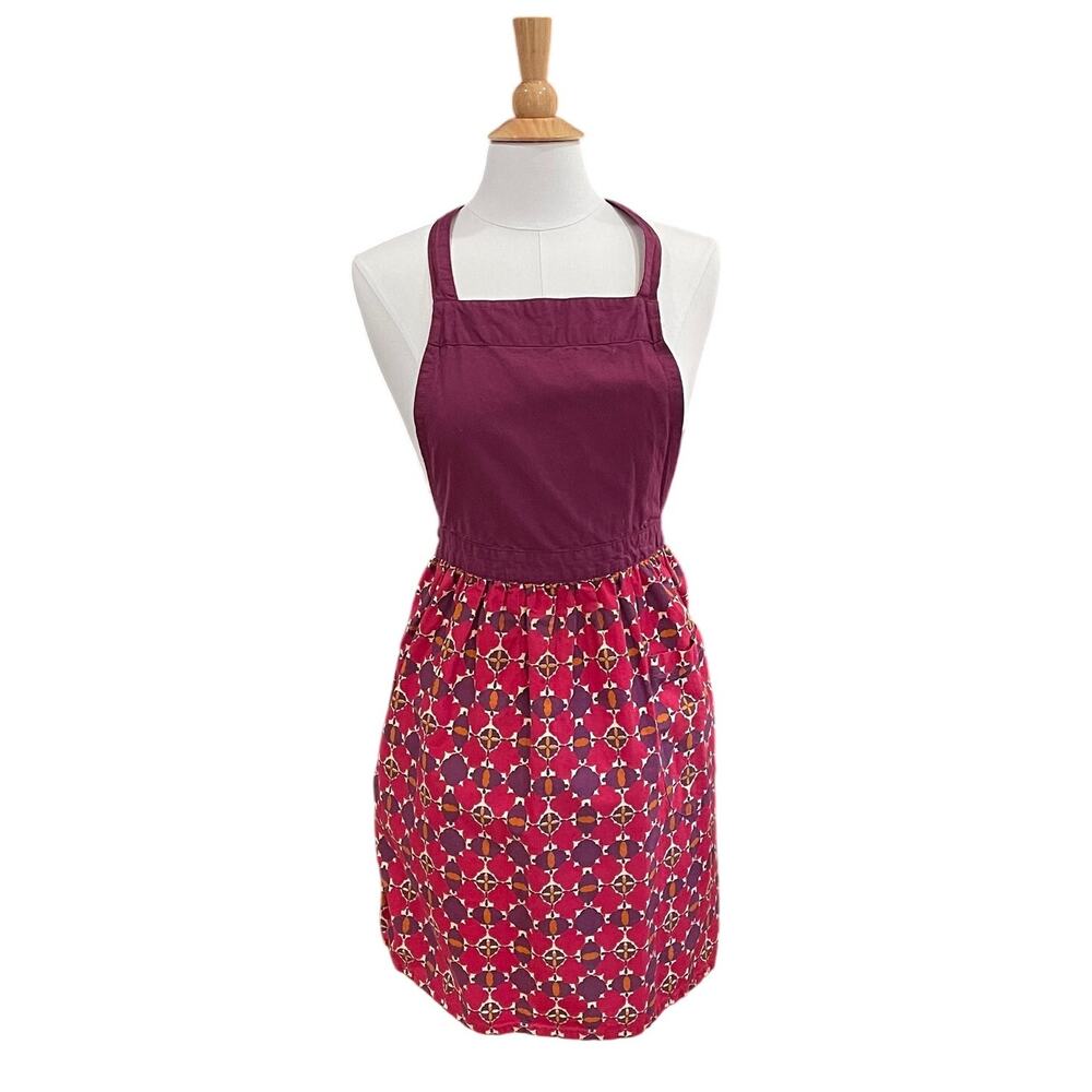 Envogue Cotton Geometric Print Bib Apron, Front Pocket, Burgundy, Orange